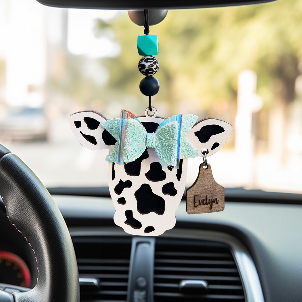 Custom Highland Cattle Cow Print Car Charm with Bow, Rear View Mirror Accessories with Engraved Name Tag, Birthday Gift for Women/Cow Lover