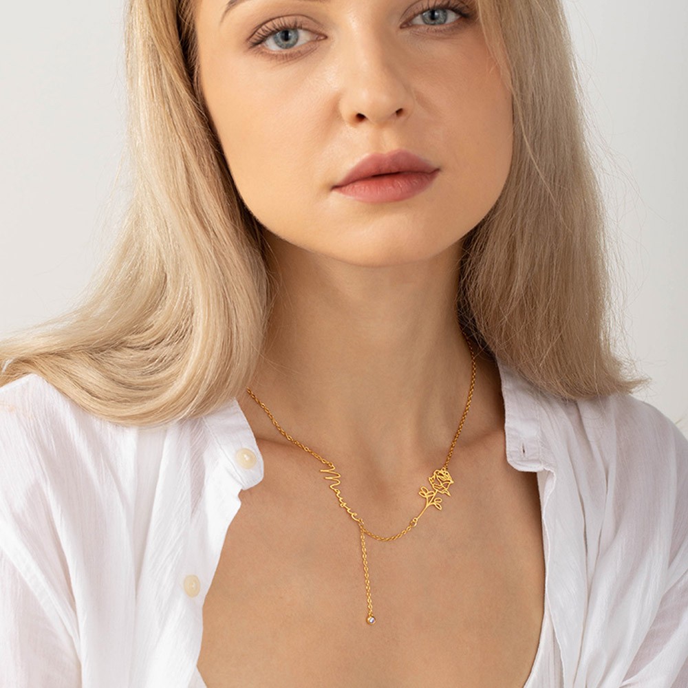 Birth Flower Necklace with Birthstone, Personalized Name Necklace, Women's Jewelry, Bridesmaid Gift, Wedding/Birthday/Anniversary/Mother's Day Gift