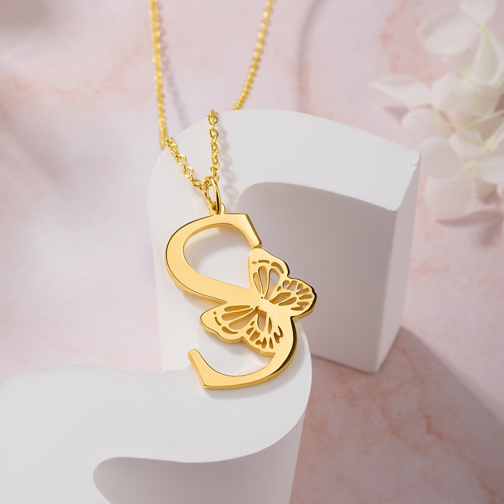 Personalized Initial Pendant Necklace with Butterfly, Dainty Initial Necklace, Summer Jewelry Gift, Birthday Gift, Bridesmaid Gift, Gift For Her