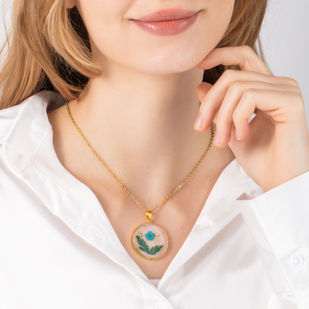 Personalized Birth Flower Necklace, Dried Pressed Flower Resin Necklace, Customized Round Pendant Jewelry, Birthday Gifts, Gifts for Women
