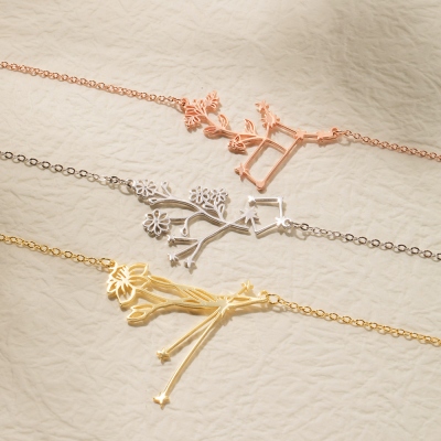 Custom Zodiac Constellation Necklace, Floral Constellation Charm, Birth Flower Necklace, Mom Necklace, Women Jewelry, Bridesmaids Gift, Gift for Her