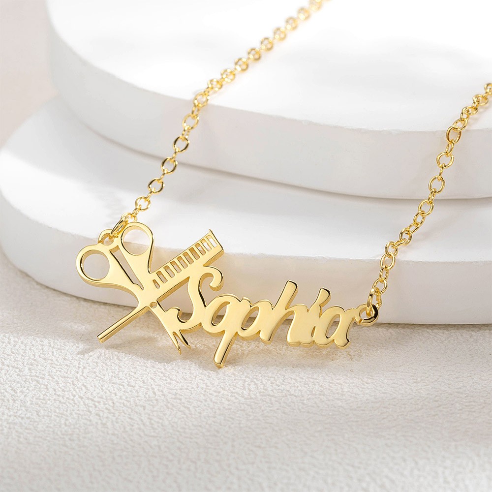 Personalized Hairdresser Name Necklace, Scissors and Comb Necklace, Nameplate Necklace, Gift for Hairdressers/Hairstylists/Barbers