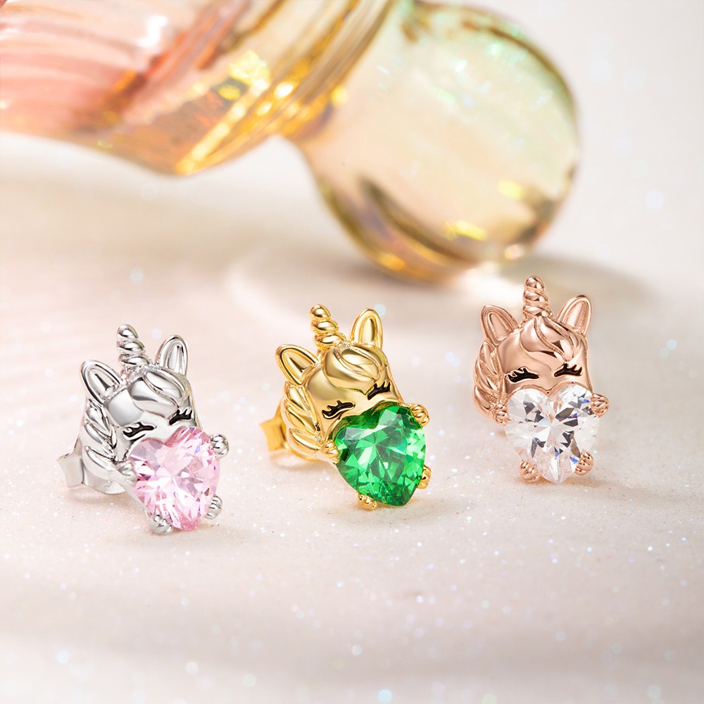 Boucles d'oreilles à tige licorne avec pierre de naissance personnalisée, bijoux licorne en argent sterling 925, cadeau d'anniversaire/de Noël pour femmes/filles/amoureuses de licornes