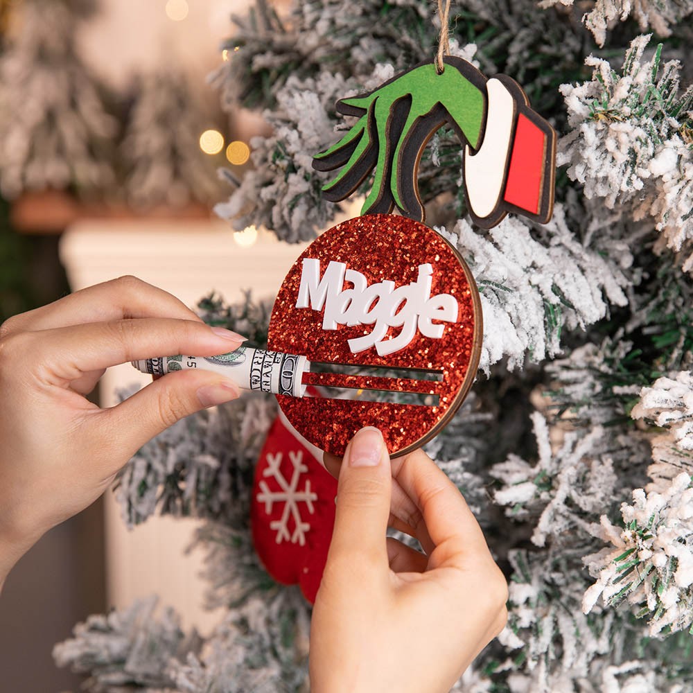 Ornements de Noël personnalisés de monstre vert, cadeaux de Noël drôles, détenteur d’argent, décorations d’arbre de fête, Noël à la main, famille de monstres verts