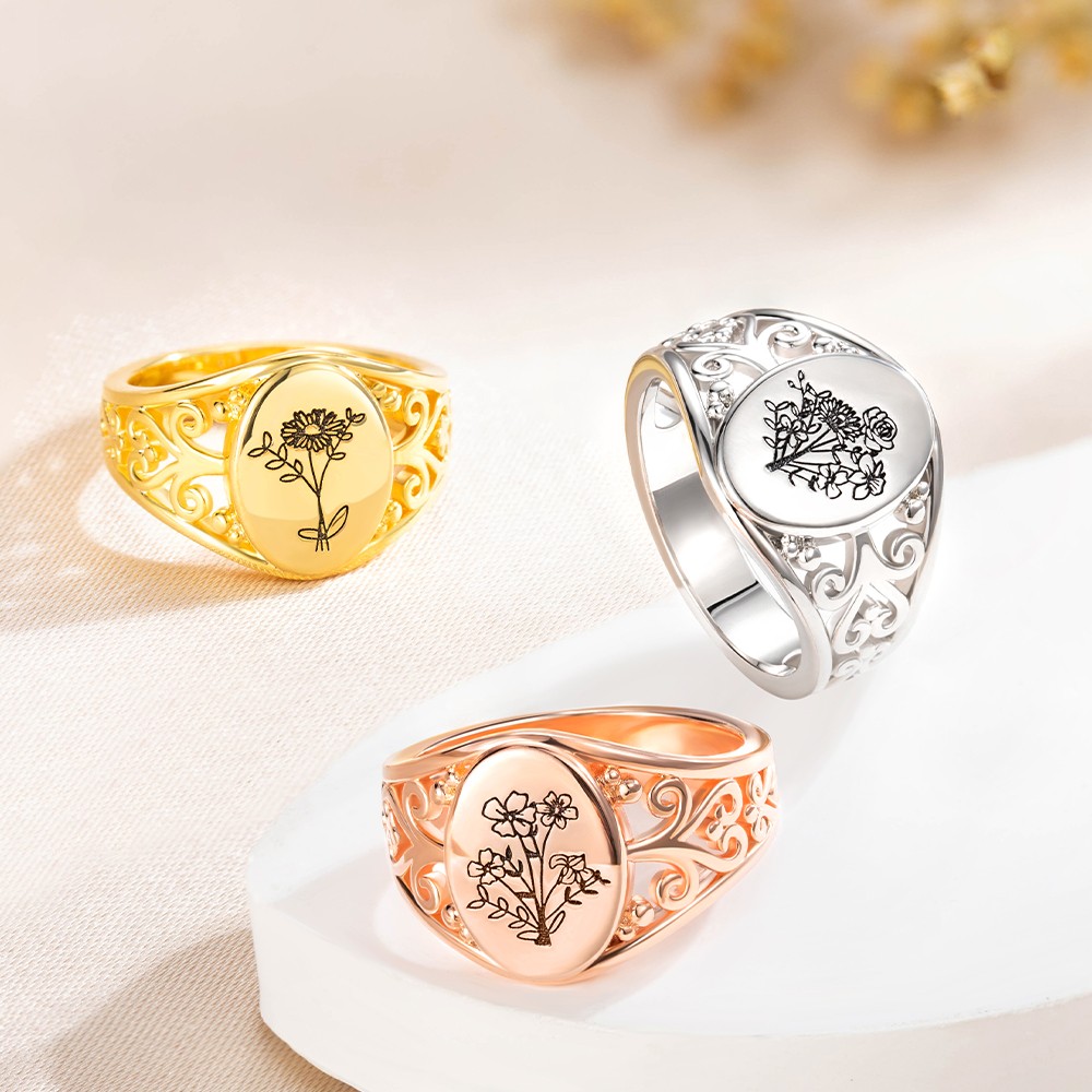 Personalized Birth Flowers Ring, Custom Birthflowers Family Ring, 925 Sterling Silver Bouque Ring, Personalized Ring for Women, Gift for Her