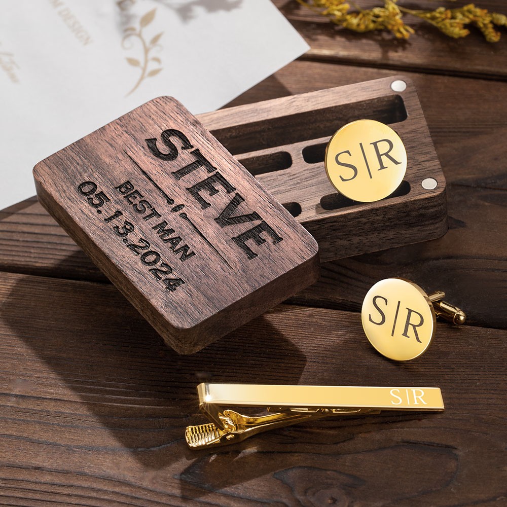 Personalized Engraved Monogram Tie Clip and Cufflink Set with Wooden Box, Groomsmen Cufflinks, Wedding Birthday Gift for Men Groomsmen