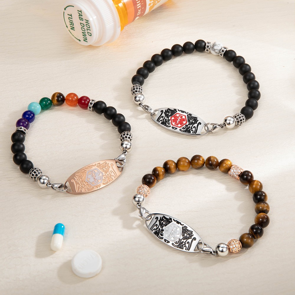 Custom Medical Alert Bracelet, 7 Chakras Beaded Emergency Bracelet, Medical Id Bracelet, Engraved Bracelets for Grandma/Grandpa, Christmas Gift