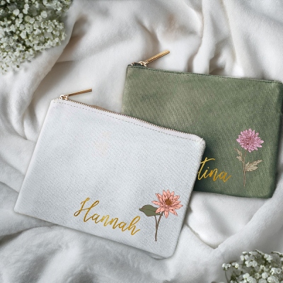 Trousse de maquillage personnalisée avec nom de naissance et fleur, pochette cosmétique en toile monogramme personnalisée, cadeau d'anniversaire/vacances/mariage/demoiselle d'honneur pour elle/maman/meilleures amies