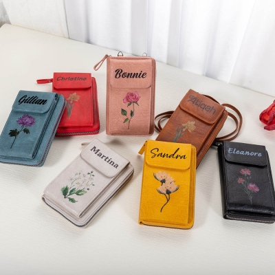 Personalized Birth Flower Mobile Phone Wallet, Retro Crossbody Bag, Customized Coin Storage Bag, Birthday/Christmas/Mother's Day Gift for Women/Girls