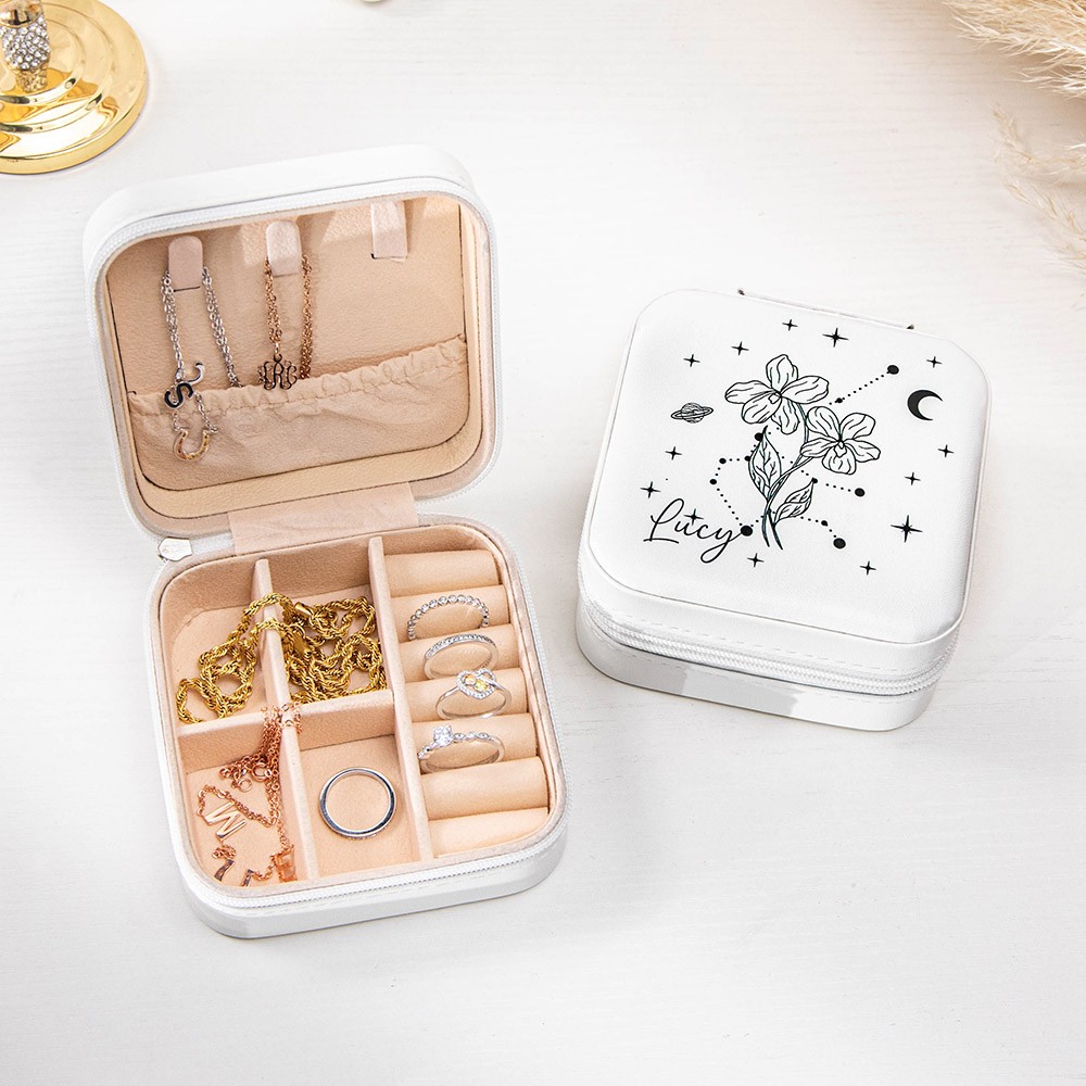 Étui à bijoux de voyage personnalisé avec nom de naissance et fleur, boîte à bijoux personnalisée du zodiaque, accessoires de voyage, cadeaux de Noël/anniversaire pour demoiselle d'honneur/maman/épouse