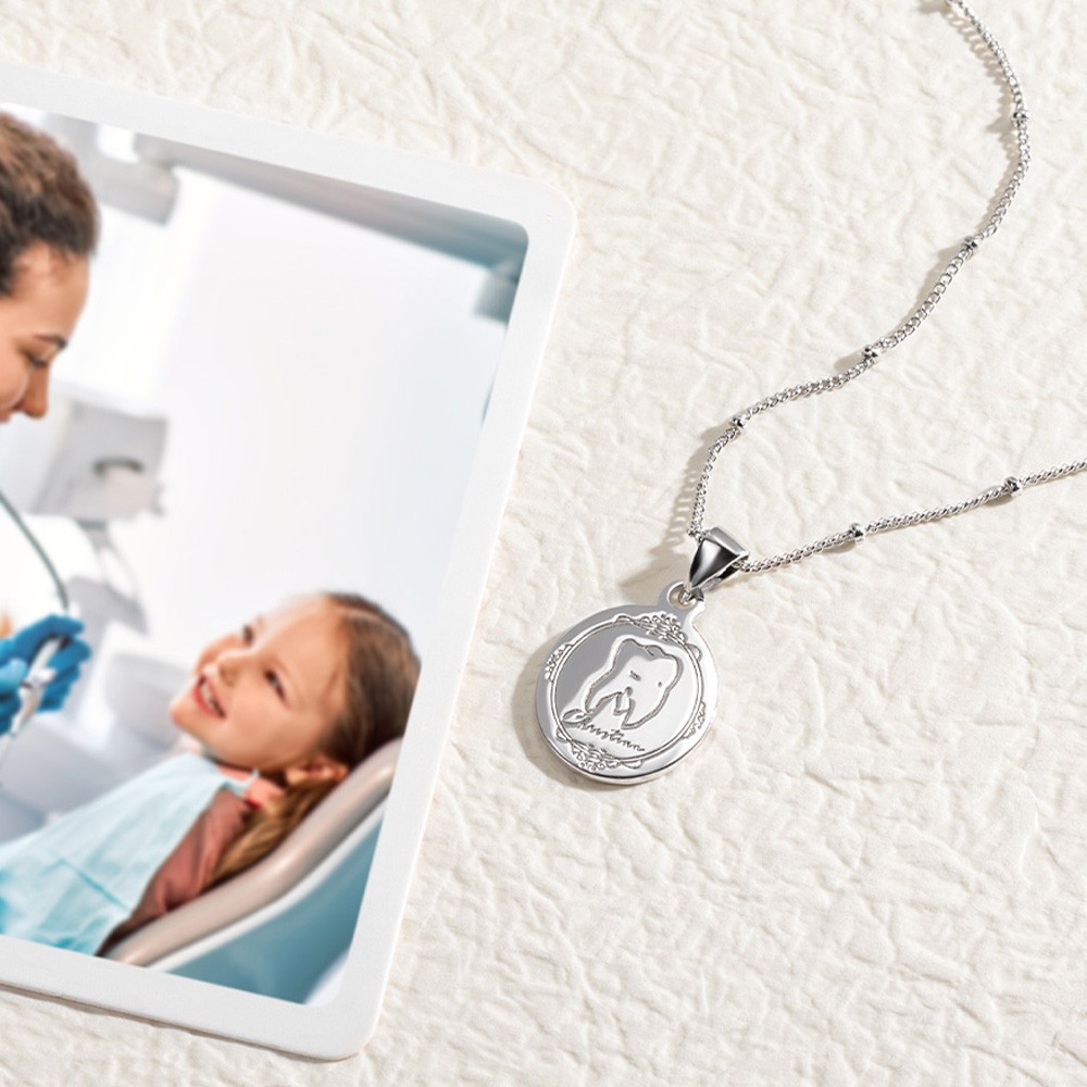 Personalized Tooth Signet Necklace, Custom Engraved Dental Tooth Pendant, Sterling Silver 925 Jewelry, Gift for Dentist/Doctor/Nurse/Hygenist