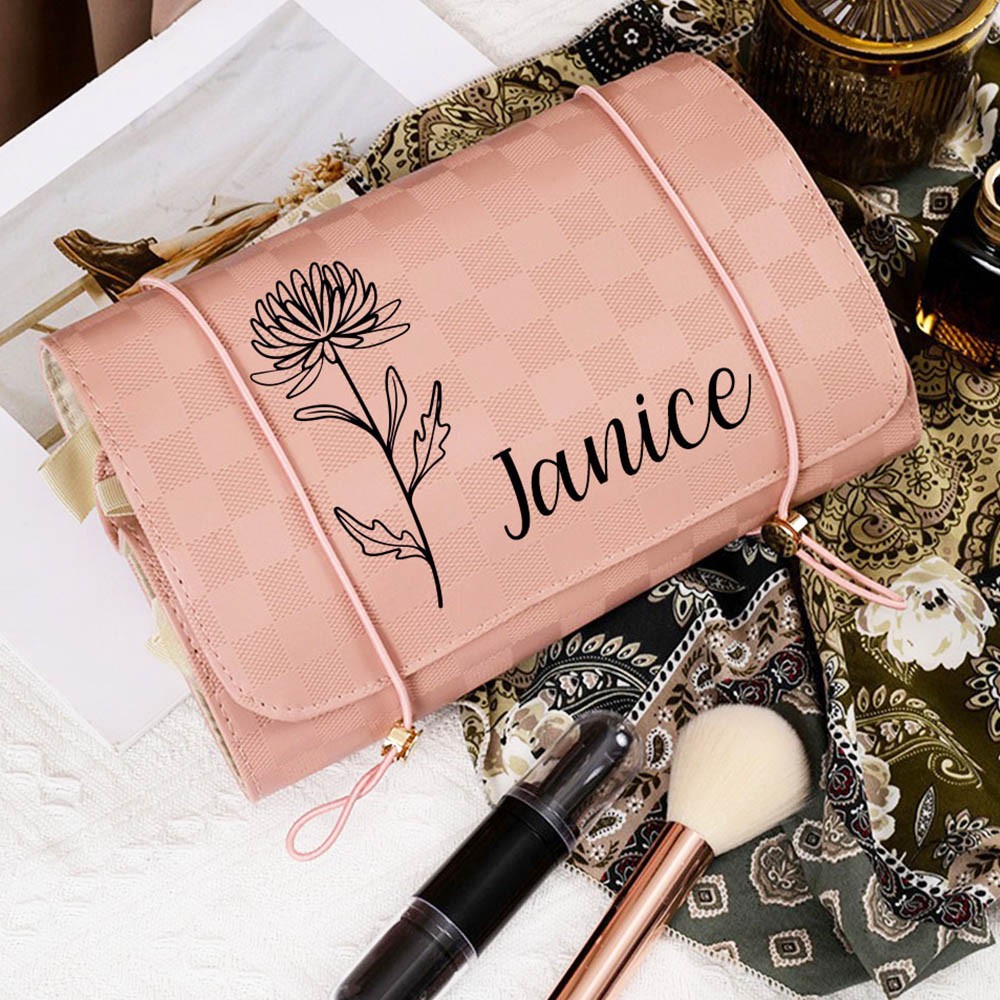 Personalized Name And Birth Flower Cosmetic Travel Bags, Foldable Make Up Organizer, Makeup Bag, Hanging Toiletry Bag for Women, Weekender Bag