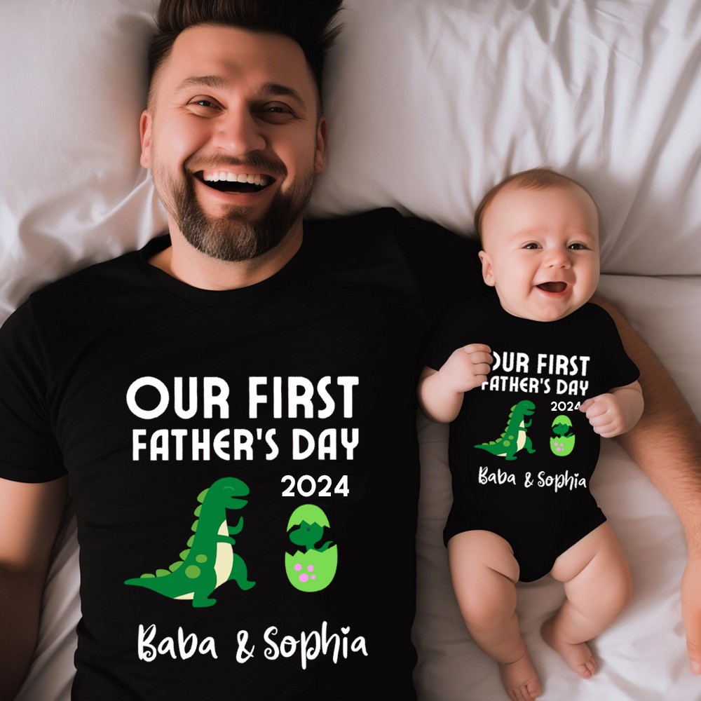 Custom Tyrannosaur T-Shirt, Our First Father's Day Shirt, Family Gift, Cotton Matching Shirt, Father's Day Gift, Gift for Dad/Baby
