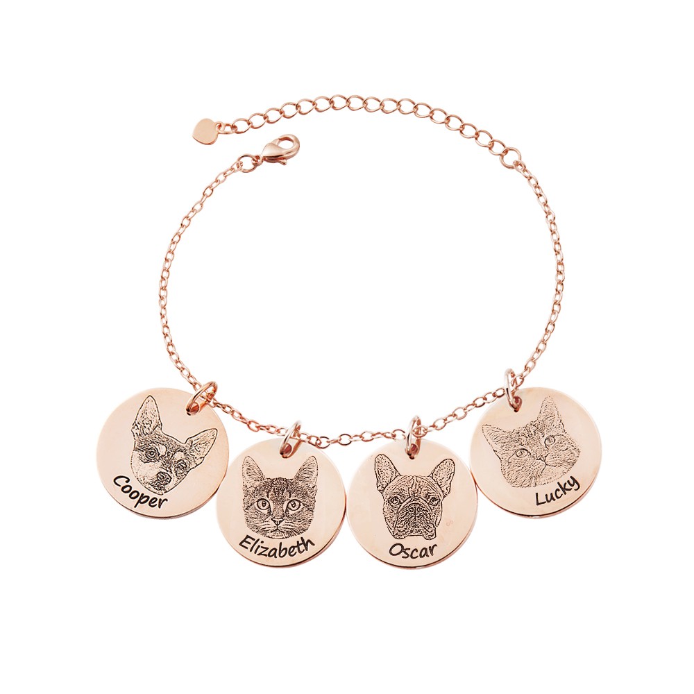 Personalized Name Pet Portrait Engraved Bracelet, Sterling Silver Small Disc Bangle, Pet Memorial Jewelry, Birthday Gift for Pet Lover/Dog Mom/Cat Mom