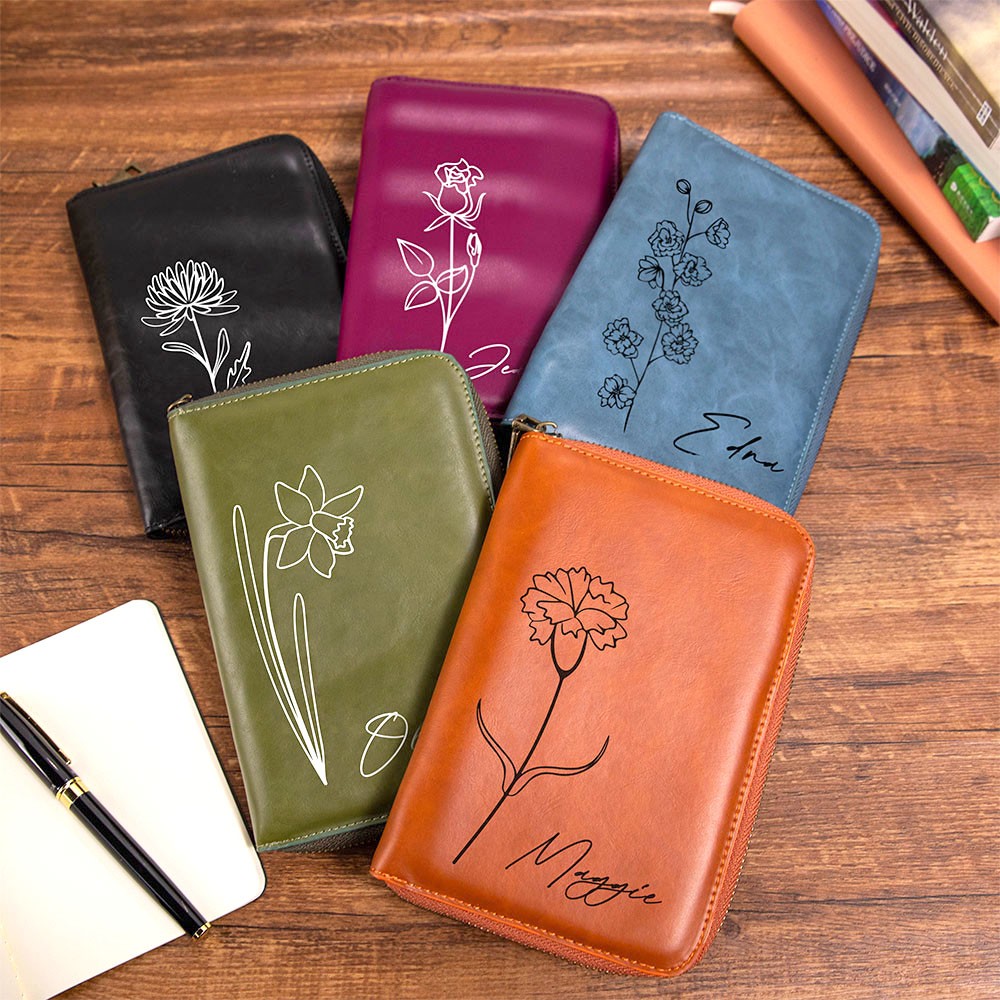 Personalized Birth Flower Leather Travel Journal Organizer, Padfolio with Pencil Holder, Notepad with Zipper Lock, Planner Case, A6 Notebook Cover