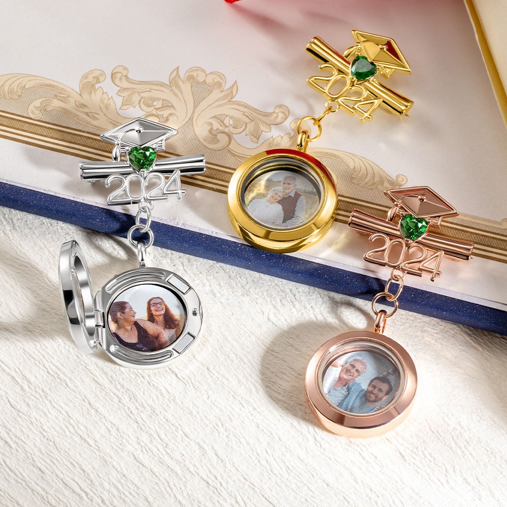 Personalized Photo Graduation Lapel Pin with Birthstone, Custom Picture Graduation Cap Brooch, Class of 2024 Memorial Lapel Pin, Graduation Gift