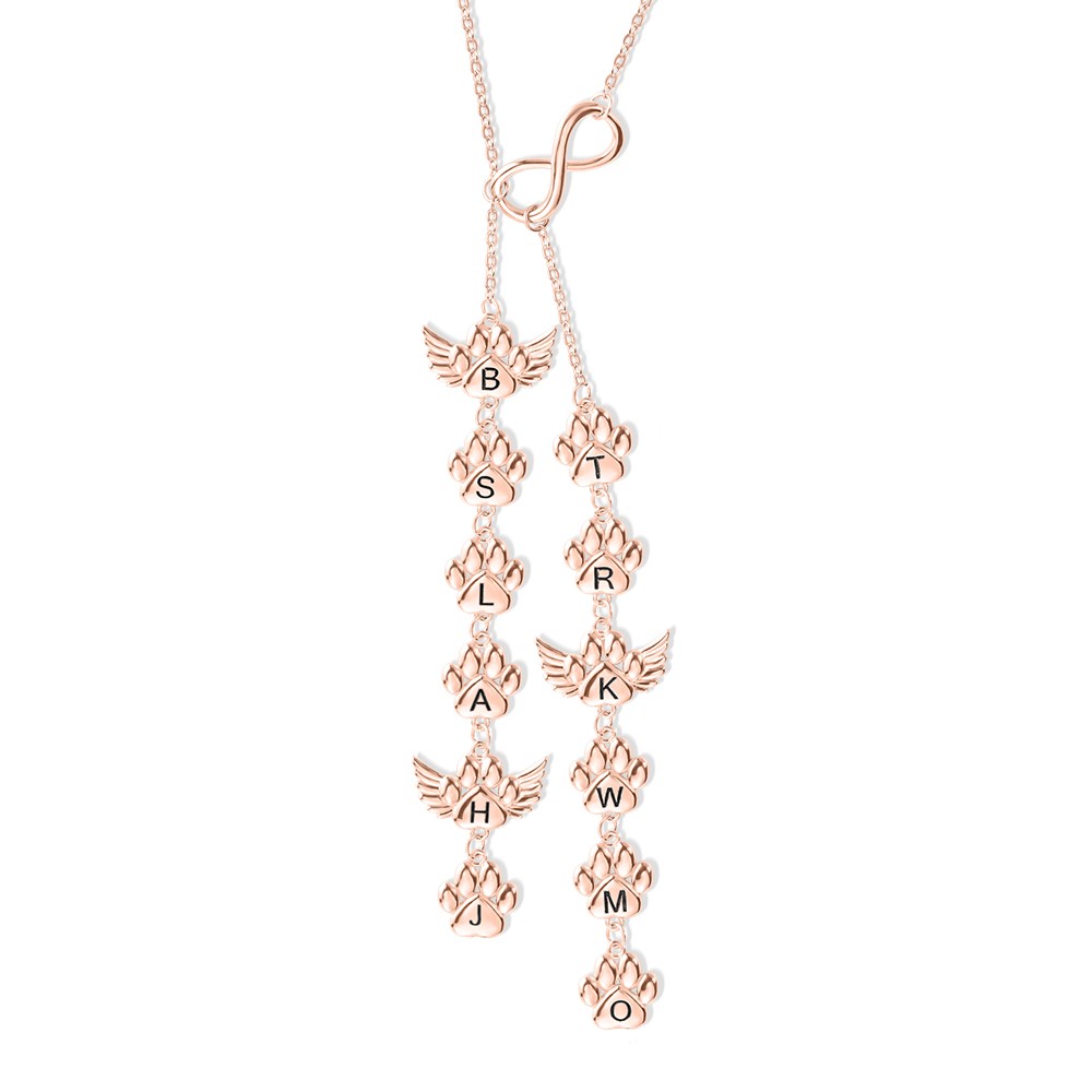 Personalized 1-12 Paws Print Infinity Necklace with Angel Wing, Engraved Necklace with Initial, Memorial Gift, Gift for Dog Mom/Pet Lover/Her