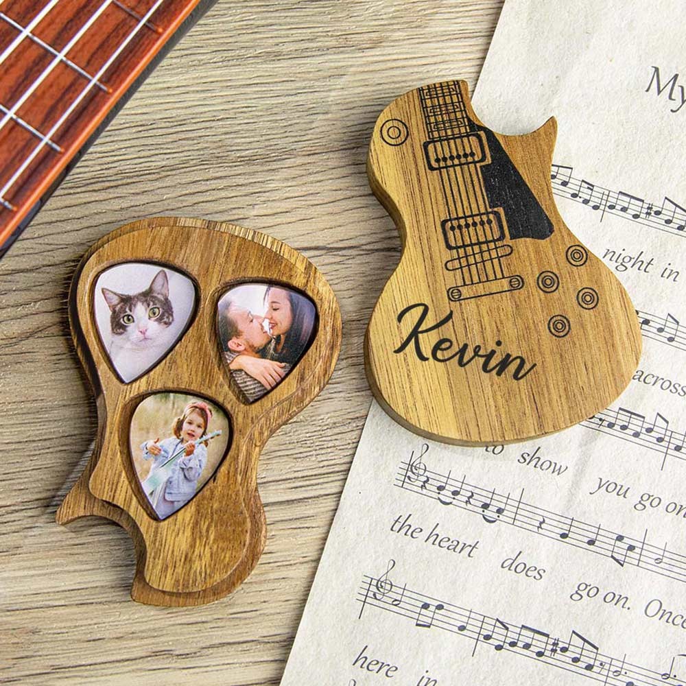 Personalisierte Gitarrenplektren aus Holz mit Aufbewahrungshülle mit Textfoto, Geburtstags-/Abschlussgeschenk für Gitarrenspieler/Musiker