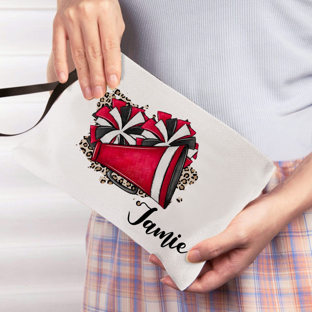 Personalized Name Cheerleading Cosmetic Bag, Linen Travel Makeup Pouch with Wrist Strap, Sports Accessory, Sports Gift for Cheerleading Women/Girls