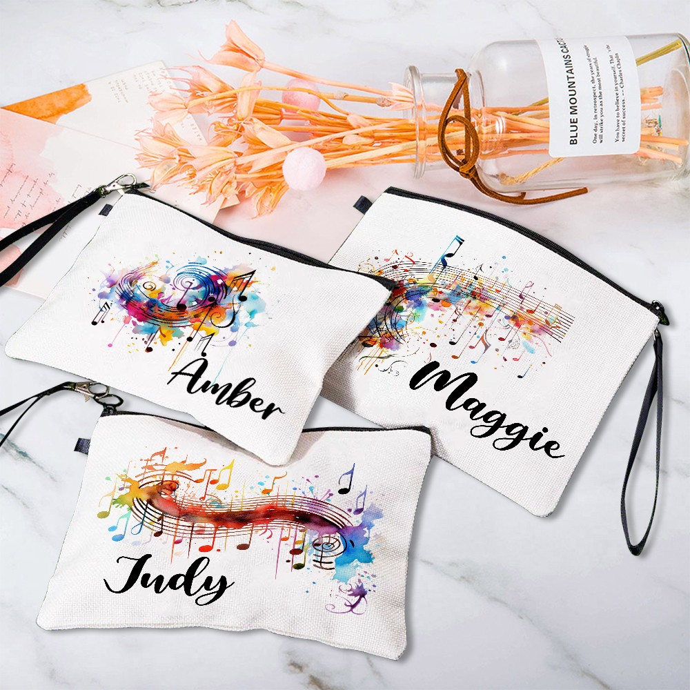 Personalized Name Colorful Music Note Cosmetic Bag, Linen Makeup Pouch with Wrist Strap, Performer Accessory, Gift for Musician/Music Lover/Conductor