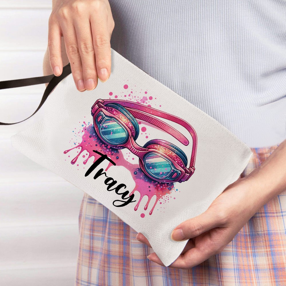 Custom Swimming Makeup Bag, Linen Travel Swimming Goggles Toiletry Pouch with Wrist Strap, Swimming Accessory, Sports Gift for Teammate/Coach/Swimmer