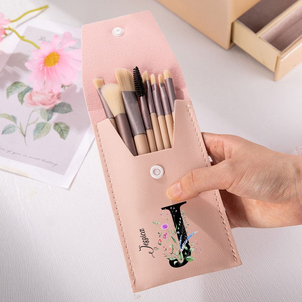 Personalized Leather Makeup Brush Bag with 8 Pcs Brushes, Custom Initial & Name Floral Cosmetic Bag, Birthday/Wedding Gift for Mom/Sister/Friend