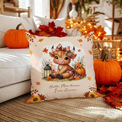 Personalised Name Autumn Highland Cow Pumpkins Soft Throw Pillow, Thanksgiving Pillow with Name, Thanksgiving Gift for Kid Woman, Home Decor