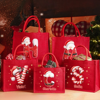 Custom Name Christmas Alphabet Tote Bag, Large Capacity Santa Claus/Candy Cane Design Jute Bag, Holiday Party Favor, Christmas Gift for Kids/Family