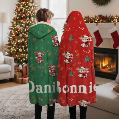 Personalisierte Weihnachts-Cartoon-Tiere, weiche Kapuzendecke mit Namen, mehrfarbige Weihnachts-Kapuzendecke, Weihnachtsgeschenk für Kinder
