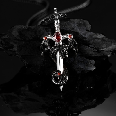 DND Sword Dragon Necklace with Birthstone, Brass Necklace, DND Jewelry Gift for Him, Dragon Gift for Dragon Lovers