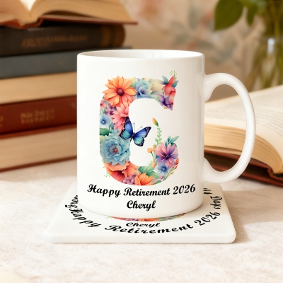 Custom Name Floral Alphabet Happy Retirement Mug, 11oz/15oz Two Tone Ceramic Coffee Tea Mug with Coaster, Retirement Gift for Family/Friends/Women