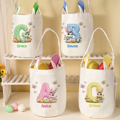 Personalisierter Osterkorb mit Namen, Blumenmuster und Hasenmotiv, großer Ostereimer aus Baumwoll-Leinen-Mischgewebe mit Hasenohren, Ostergeschenk für Kinder/Jungen/Mädchen
