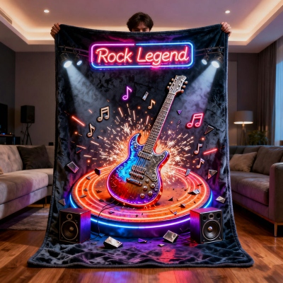 Gepersonaliseerde deken met neon gitaarrockmuziekthema en naam, flanellen/sherpa plaid voor bed of bank, woondecoratie, verjaardagscadeau voor kinderen/muziekliefhebbers