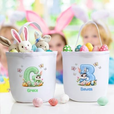 Personalized Name Floral Bunny Alphabet Easter Basket, Easter Egg Hunt Bucket Bag, Large Capacity Canvas Goodie Bag, Easter Gift for Kids/Boys/Girls