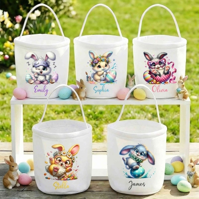 Personalized Name Cartoon Quirky Bunny Easter Basket, Easter Egg Hunt Bucket Bag, Large Capacity Canvas Goodie Bag, Easter Gift for Kids/Boys/Girls