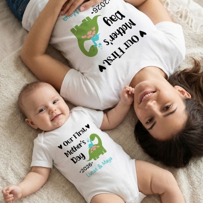 Personalized Animals/Pattern T-shirt and Baby Onesie, Our First Mother's Day Mom and Baby Set 100% Cotton, Holiday Party Gift for Newborn New Mom