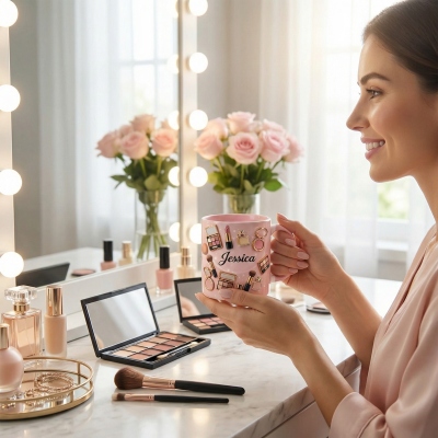 Personalized Makeup-Themed Mug with Name, 11/15oz Two Tone Ceramic 3D Cosmetic Coffee Mug with Handle, Birthday Gift for Her/Besties/Makeup Artists