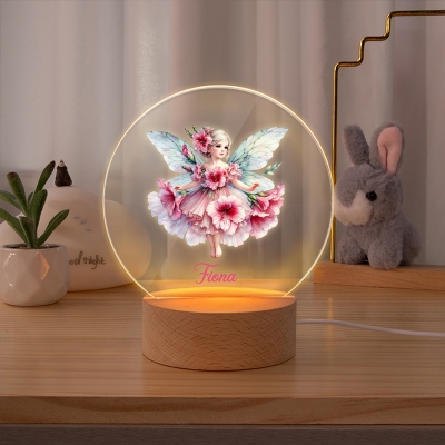 Custom Name Birth Flower Fairy Girl LED Night Light, Acrylic Night Lamp with Wooden Base, Home Decor, Children's Day/Birthday Gift for Girls/Women