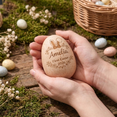 Personalized Engraved First Bunny Easter Egg with Name, Wooden Easter Basket Stuffer, Egg Hunt Favor, Newborn Keepsake, Easter Gift for Kids/Babies