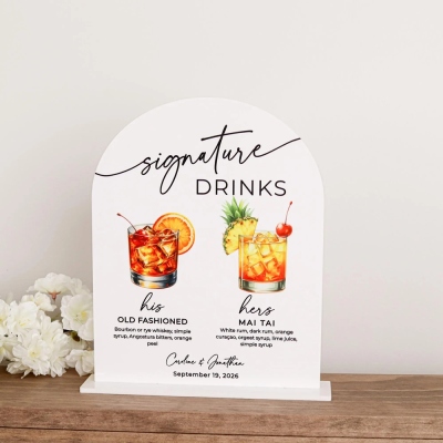 Personlig bågformad akrylskylt med signaturdrink för bröllopsbar, anpassad cocktailmeny med illustrationer, elegant mottagningsskylt i bar för par