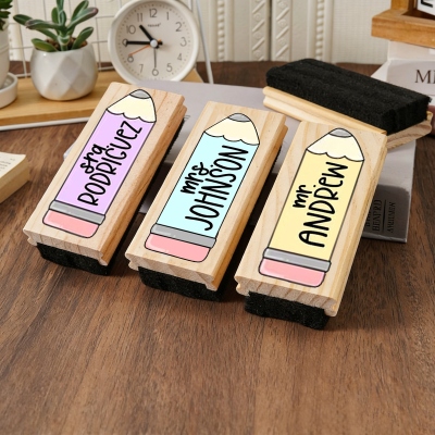 Custom Name Teacher Cartoon Pencil Chalkboard Eraser with Maker, Wooden Classroom Whiteboard Eraser Set, Appreciation/Back to School Gift for Teachers