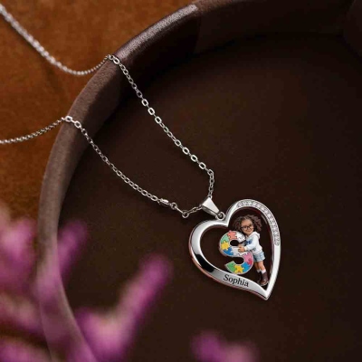 Personalized Photo Autism Awareness Heart Alphabet Necklace, Cartoon Puzzle Portrait Pendant, Anniversary/Birthday Gift for Autism Family/Kids/Parents