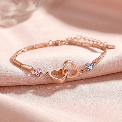Personalisiertes Armband mit Geburtssteinen und ineinander verschlungenen Herzen für Mutter und Tochter, Sterlingsilber 925, Familienarmband, Geburtstags-/Muttertagsgeschenk für sie/Mama/Tochter