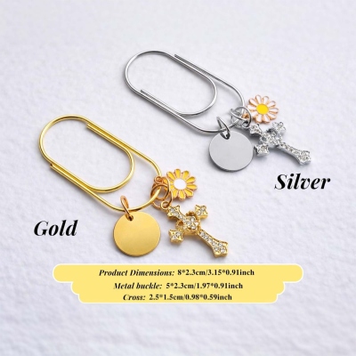 Personalisierte Mini-Büroklammer mit Namensgravur, Kreuz- und Gänseblümchenanhänger, elegantes Lesezeichen aus Metall, christliches Planeraccessoire, Geschenk für Sie/Buchliebhaberinnen