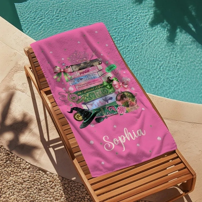 Personalized Wicked Book Beach Towel with Name, Wizard Quick Dry Microfiber Pool Towel, Summer Vacation/Pool Party Favor, Birthday Gift for Kids/Girls