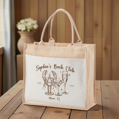 Personalisierte Jute-Tasche für den Junggesellinnenabschied, Sommerurlaubstasche für Mädels/Strandtasche, Gastgeschenk für den Junggesellinnenabschied, Geschenk zur Brautparty/Hochzeit für sie/Brautjungfer