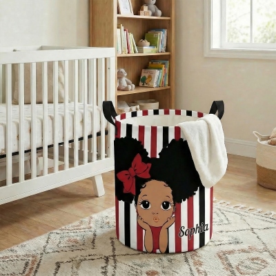 Custom Cute Black Girl Laundry Storage Basket with Name, Large Capacity Collapsible Clothes Hamper with Handles for Bathroom/Nursery, Gift for Girls