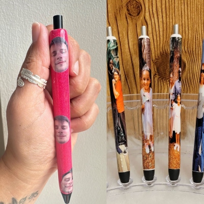 Gepersonaliseerde glitterpen met foto's, grappig portret als cadeautje voor in de kerstsok of op een feestje, schoolspullen, verjaardagscadeau/grappig grapje voor vrienden/collega's