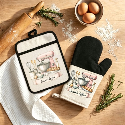 Gepersonaliseerde cadeauset met kookthema en naam, inclusief theedoek, pannenlap en ovenwant, bakbenodigdheden, verjaardagscadeau voor bakliefhebbers/broodbakkers