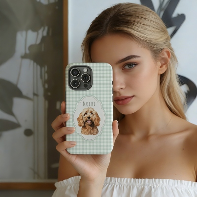 Telefoonhoesje met gepersonaliseerd huisdierportret en ruitjespatroon, inclusief naam, MagSafe-compatibel, slank en stevig hoesje voor iPhone/Samsung, verjaardagscadeau voor huisdiereigenaren/dierenliefhebbers.